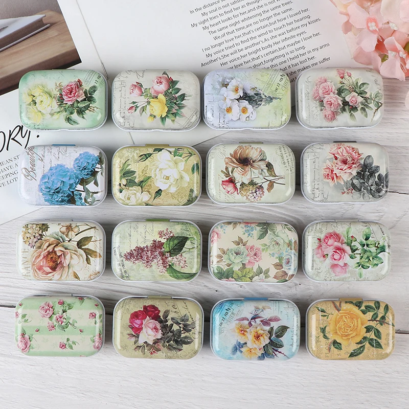 Mini Flower Tin Trinket Jewelry Coin Box Tinplate Storage Case Small Rectangular 3