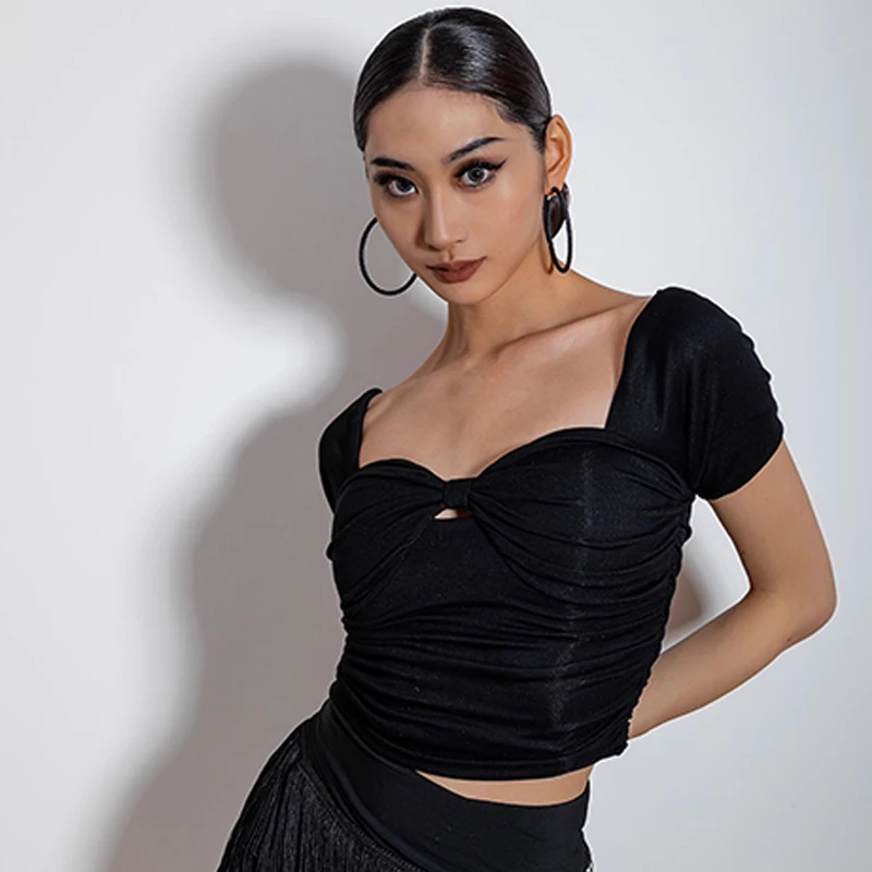 

2023 Latin Dance Tops Women Short Sleeved Blouse Cha Cha Rumba Samba Dancing Clothes Adult Practice Wear Black Tops BL10759