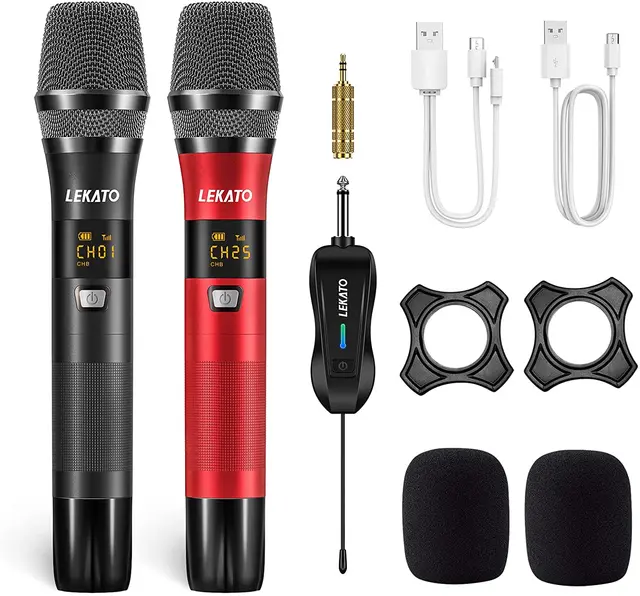 LEKATO – Microphone métallique sans fil, Rechargeable, double, avec 25  canaux, pour mariage, karaoké