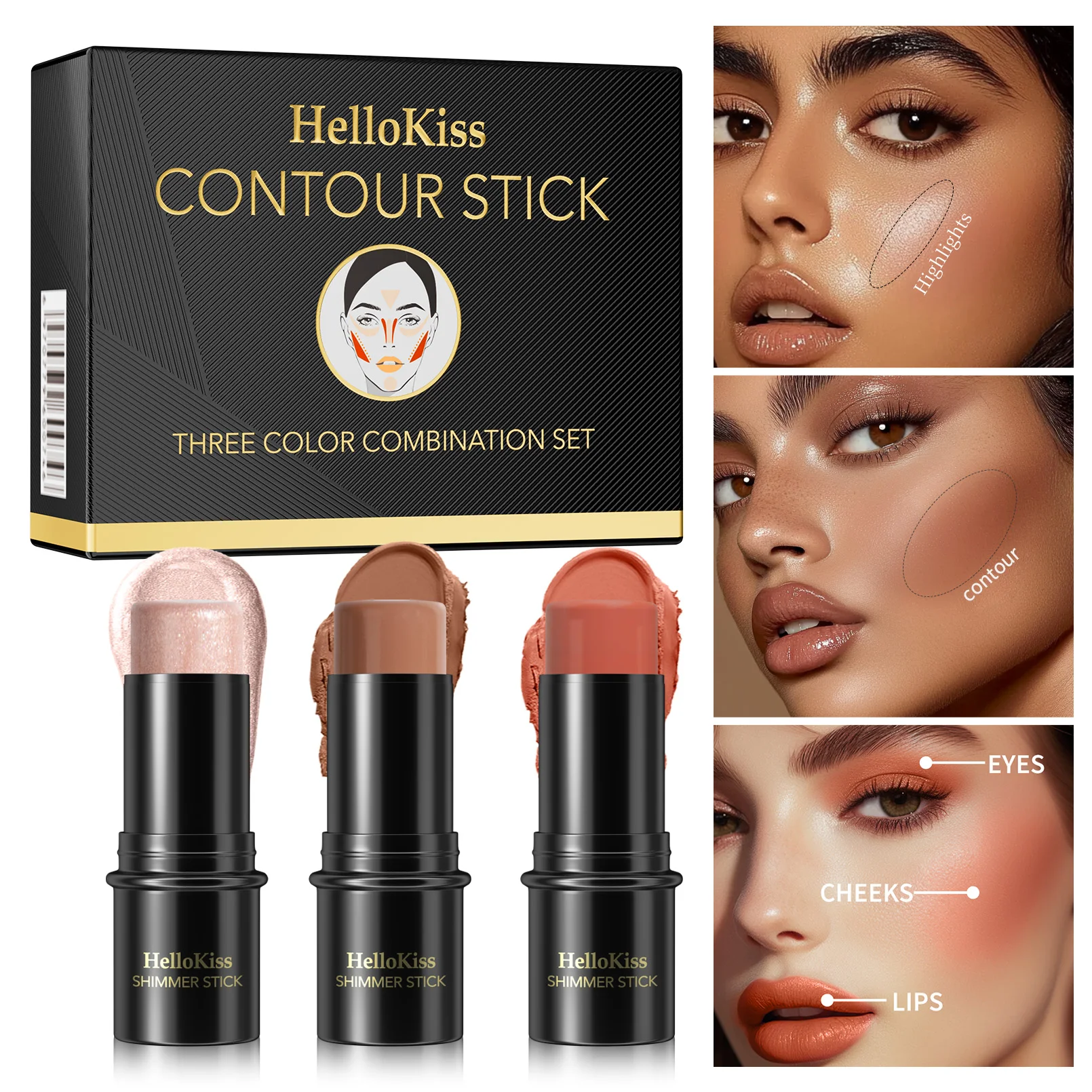 4pcs Contour Stick Highlighter Stick Blush Stick Cream Contour Kit with Brush Create Face Contour Non-greasy