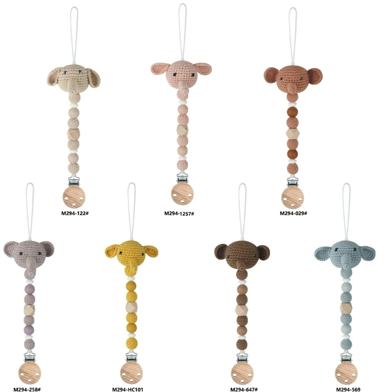 

67JC Crochet Elephant Pacifier Chain Bead Clip Nursing Soother Holder Baby Bead Clip Toddler Dummy Clip Newborns Shower Gift