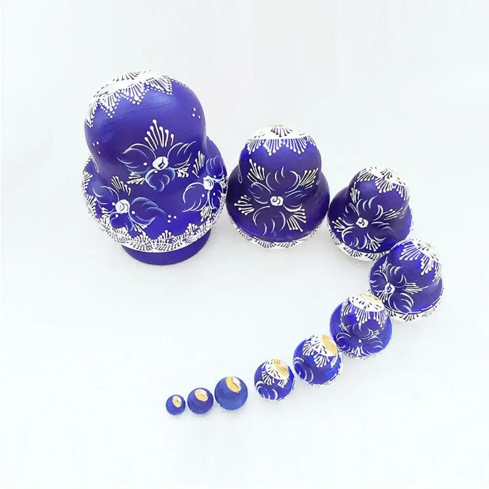 10Pcs/Set Ornament Wood Russian Nesting Dolls Blue Floral Print 10 Layer Matryoshka Wooden Toys Handmade Cartoon Stacking Dolls