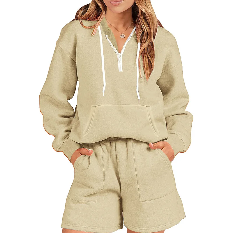 Autumn and Winter Women's Pullover Contrast Pocket Drawstring Zipper Sweater Elastic High Waist Shorts Set Fashion Casual Tops
