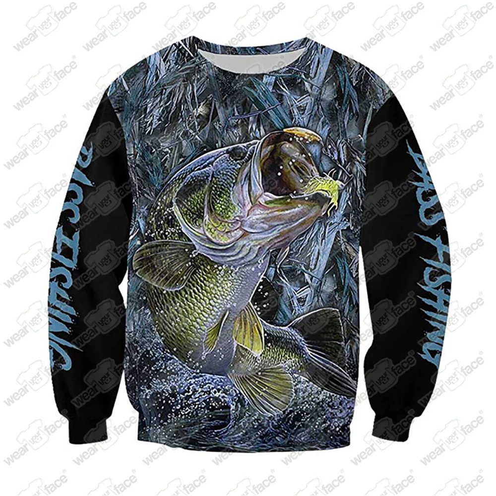 Bass Fishing Big Game 3D All Over Printed Crewneck Sweatshirts Zipper Hoodie Outdoor Sports Casual Streetwear Men Clothing