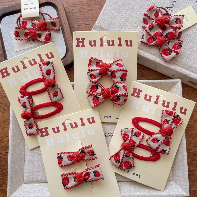 New Red Sweet Cloth Embroidered Strawberry Bow Kids Hairpins Korean Versatile Girl Headwear Hair Rope Kids Headwear Accessories 2