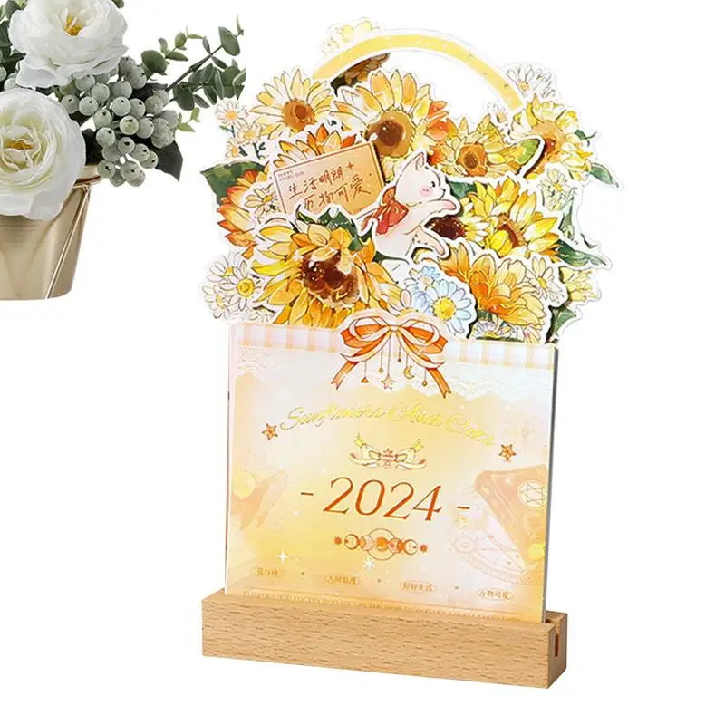 

Bloomy Flowers Desk Calendar Decorative Vase Shaped Flower Art Calendar With Blank Monthly Memo With Wood Base Banquet Flower