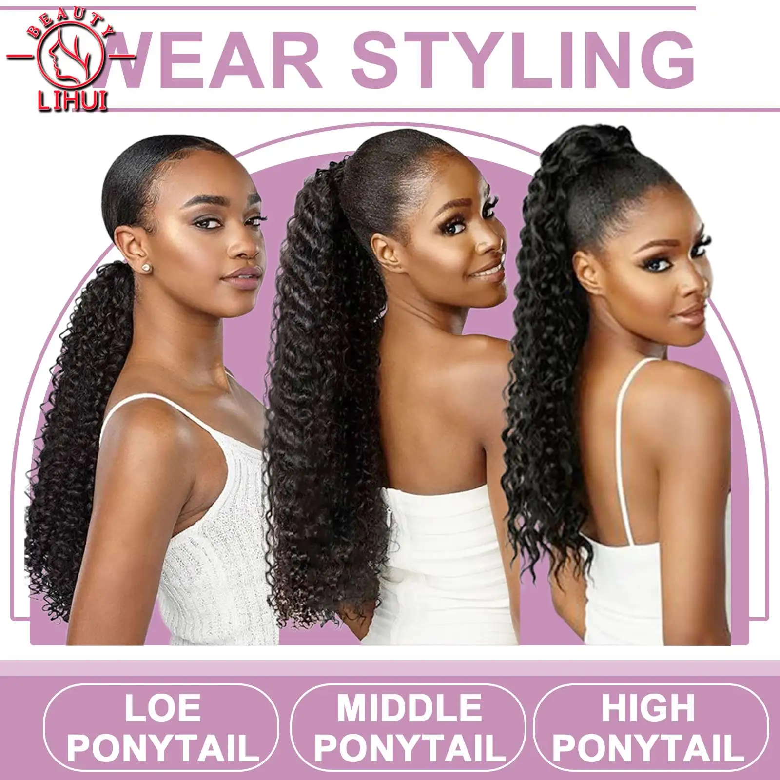 Curly Ponytail Extensions Clip in Synthetic Drawstring Ponytail Wig Long Water Wave Afro Pony Tail Women Hairpiece False 22INCH