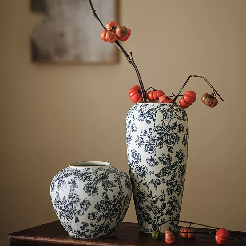 Vintage Handcrafted Ceramic Vase, Traditional Chinese Blue White Cylinder Flower Vase, Exquisite Home, Dining Table Decor