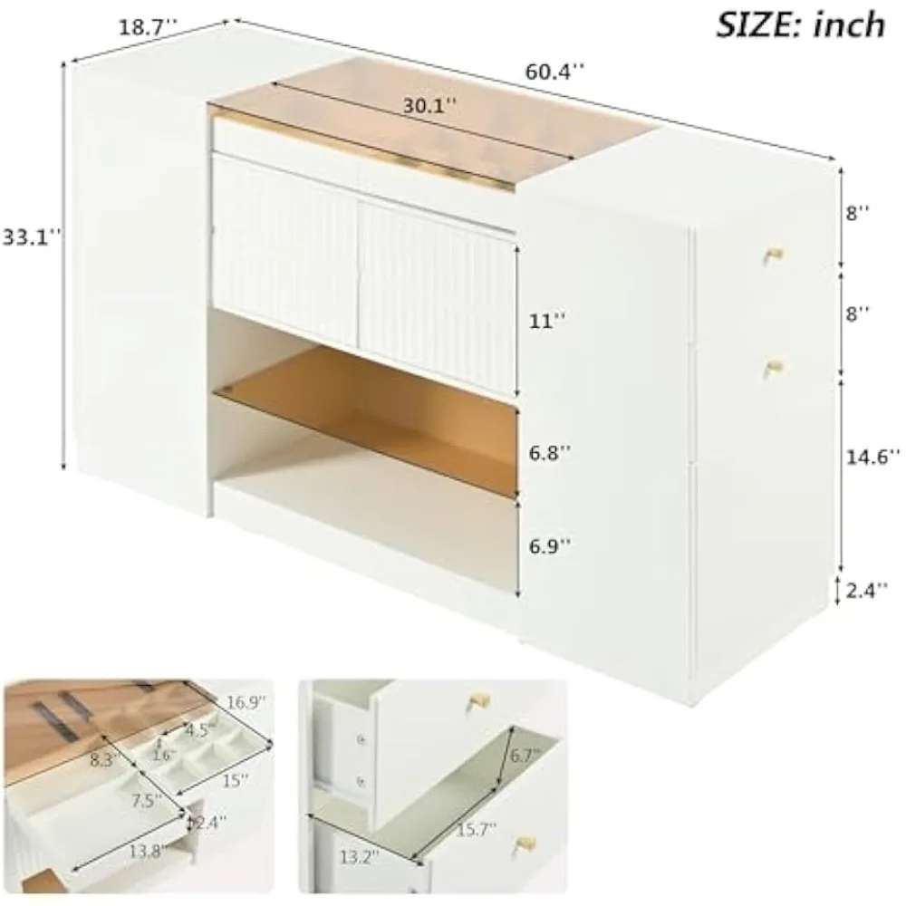 Modern Closet Island with Drawers Glass Top, Multi-Function Armoire Bedroom Island with Display Shelf & 6 Drawers, Wooden Closet 2