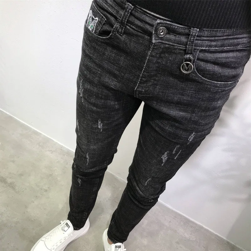 Hot  2022 Fashion casual Men's jeans spring autumn designer slim feet pencil pants simple cat printed scratch black trousers