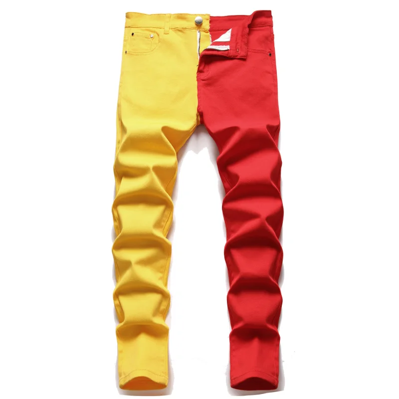 New Men 2022 American Style Fashion Stitching Two-color Yellow and Red Trend Stretch Jeans Male Trousers Denim Pants 4