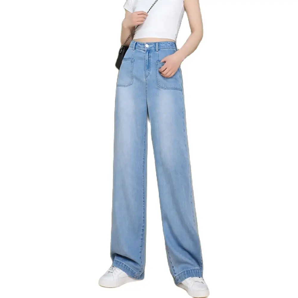 2022 New Women Summer Full Length Long Bleached Denim Jeans High Waist