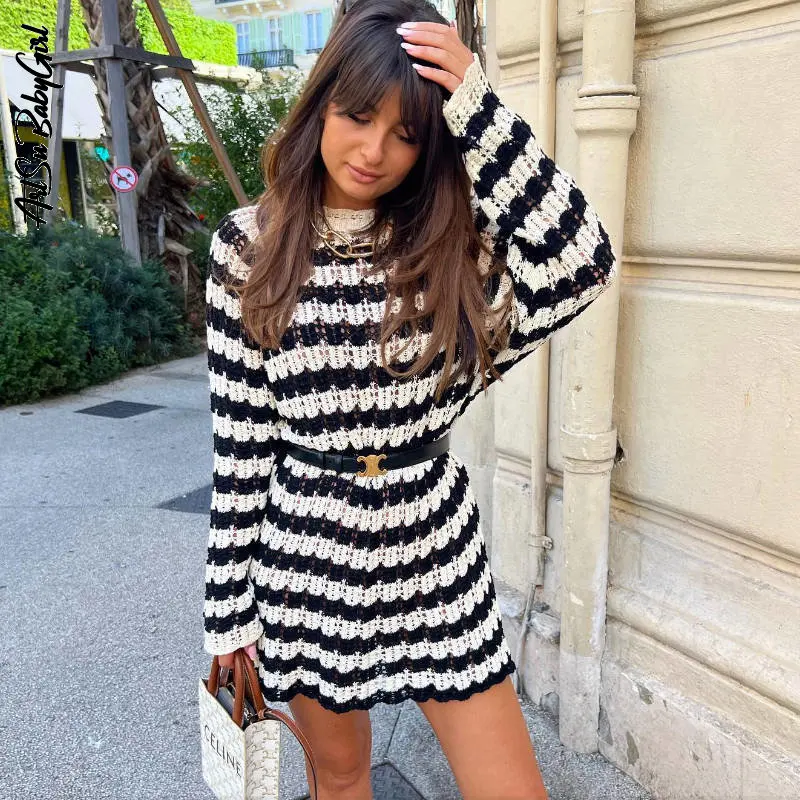 

Sweater Dress Hollow Out Striped Dress Woman Fashion Vintage Y2k Streetwear Autumn Winter New O Neck Long Sleeve Knitted Dresses