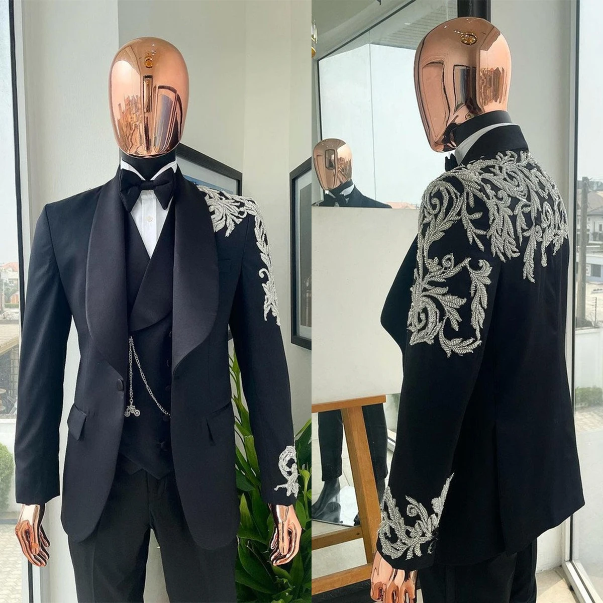New Fashion Men's Suits Appliques One Button Tuxedos Shawl Lapel For Wedding Groom Wear 3 Pcs Coat Pants With Vest Made