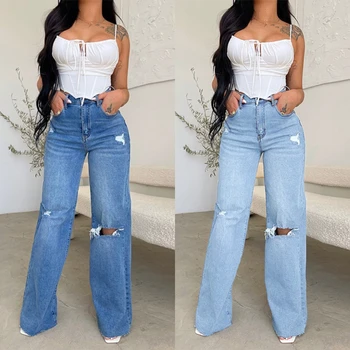 2023 Fall New Women's High Waist Ripped Jeans Fashion Loose Denim Wide Leg Pants Casual Female Trousers S-2XL Drop Shipping 1