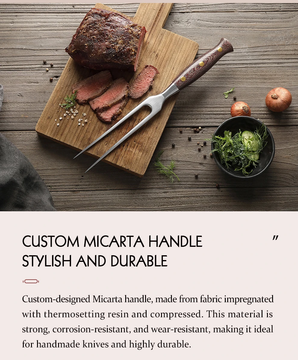 Description Picture 5 of itemHEZHEN 430 Stainless Steel Carving Fork Micarta Handle Barbecue Fork BBQ Tools Two-toothed Fork Exquisite Handmade Box Packaging