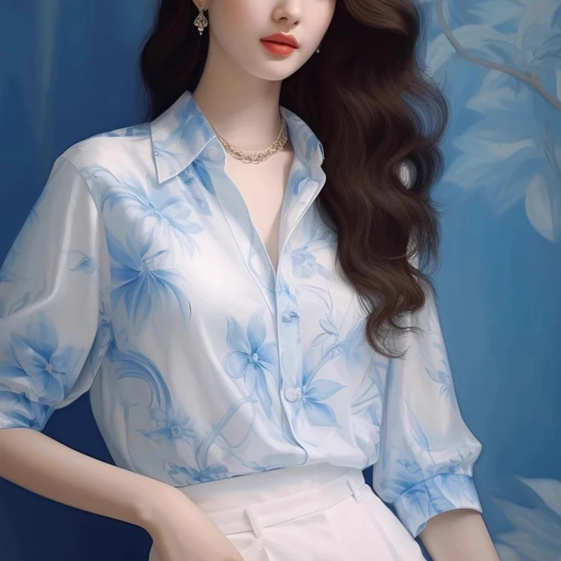 2024 Summer New Tea Break French Quarter Sleeves Intellectual Shirt Female Minority Design Sense Blue Fashion Casual Colored Top 24 36 72pcs colored marker alcohol oily animation design illustration architectural product soft head marker art stationery set