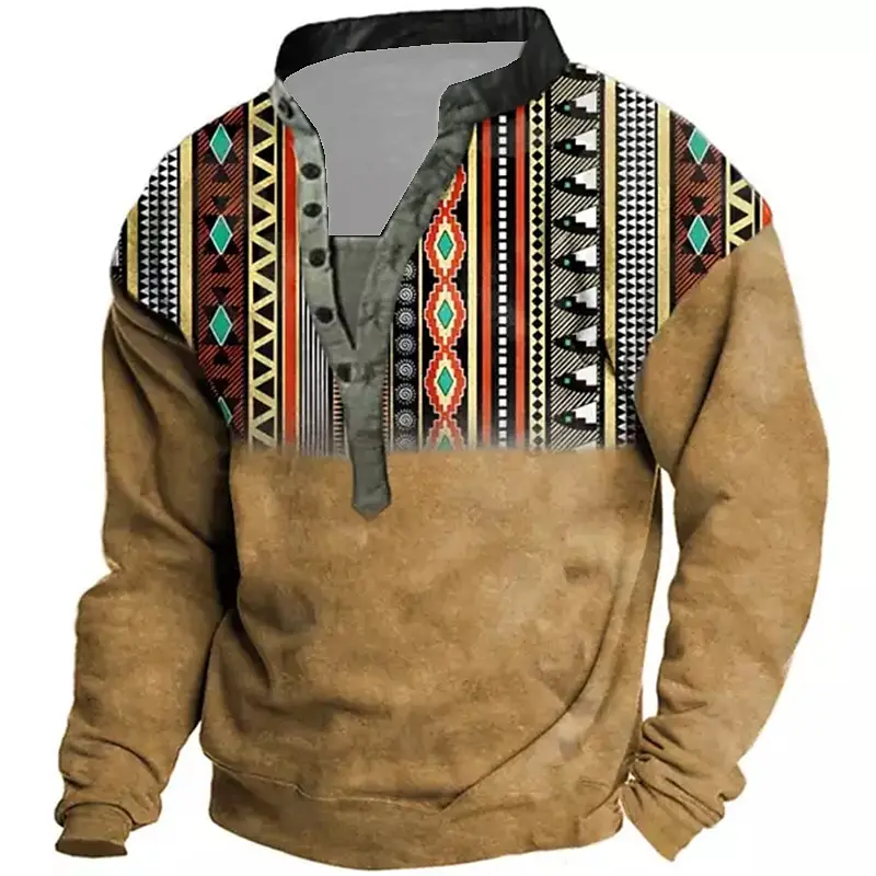 

Ethnic Style 3D Print Sweatshirts Men's Fashion Vintage Streetwear Button-Down Stand Collar Hoodies Man Male Pullovers Tracksuit