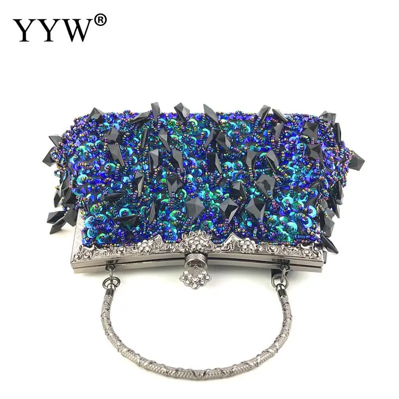 Vintage Women Crystal Beaded Evening Wedding Clutch Handbag Rhinestone Bling Sequins Embroidery Crossbody Cocktail Party Purse