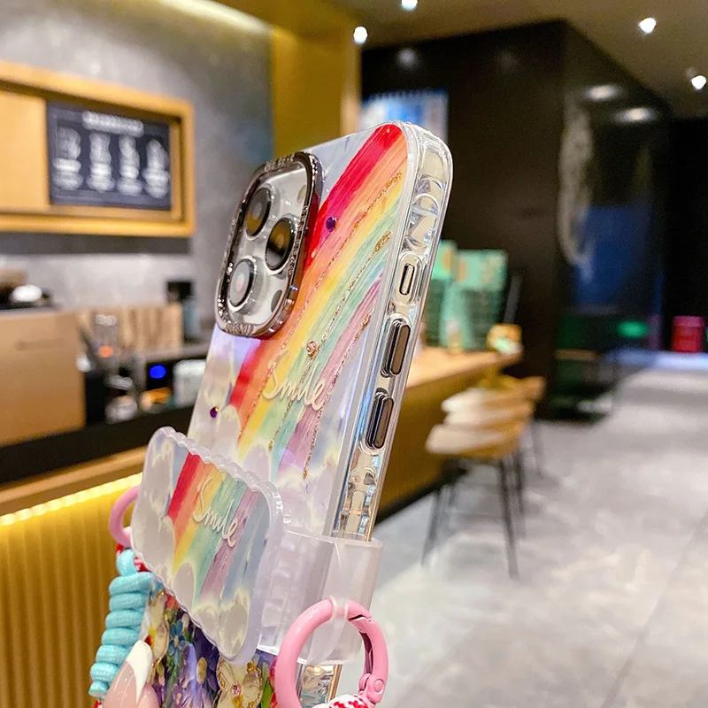 IPhone 15/13/14 promax Rainbow Colorful Flower Diagonal Straddle Bracelet Anti drop Women's New Phone Case