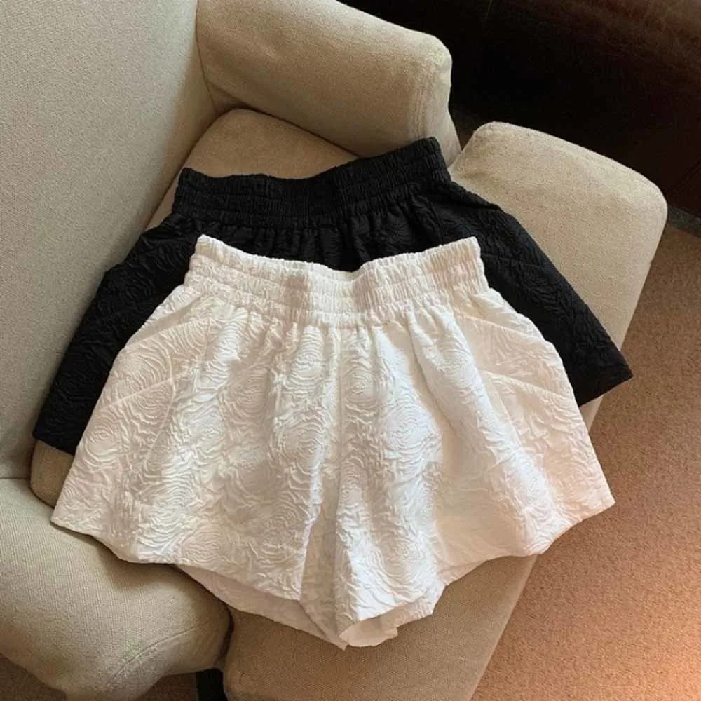 Elastic High Waist White Jacquard Shorts Women Loose Black Shorts