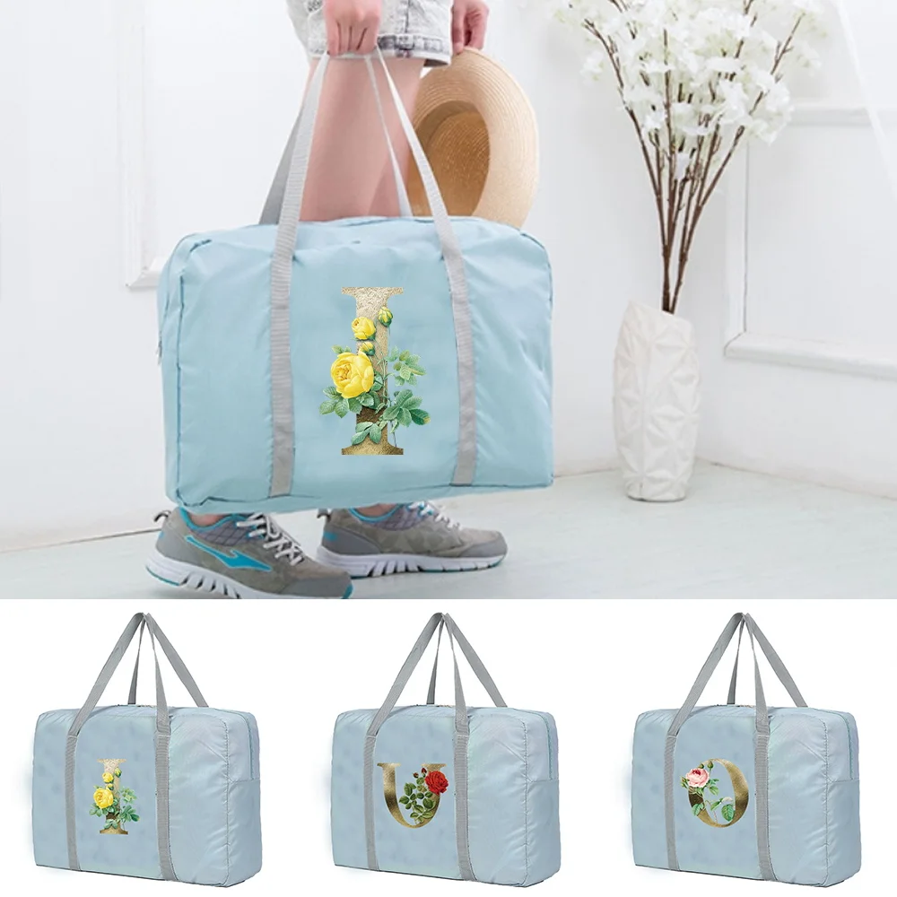 

Travel Bags Duffle Bag Large Capacity Unisex Weekend Organizer Foldable Clothes Storage Handbags Golden-flower Lettern Pattern