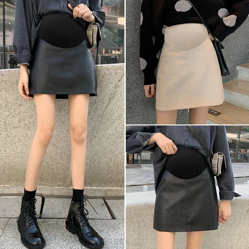 Pretty Maternity Autumn Skirts Vintage High Waist Pregnant Woman Slim Belly Skirts Elegant Pregnancy A-line Pu Leather Skirt