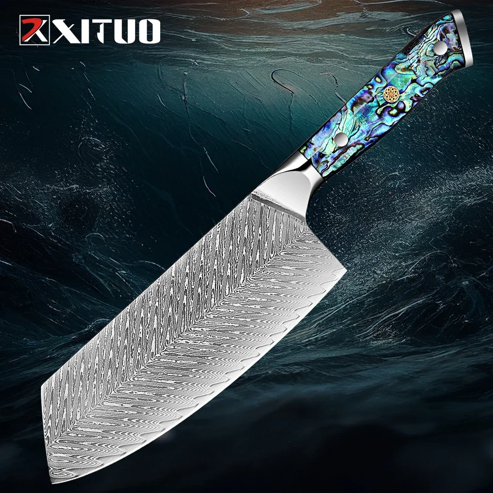 

Japanese VG10 Damascus Steel Chinese Cleaver Knife 7 Inch Sharp Chef's Knife for Meat and Vegetable Abalone Shell Acrylic Handle