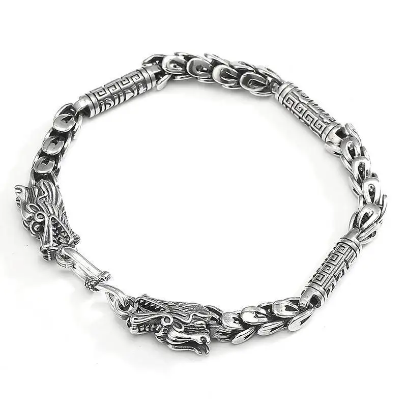 Thai Silver Handmade Bracelet Male Domineering Double Dragon Head Bracele Fashion Retro Chinese Style Hip-Hop Punk Jewelry