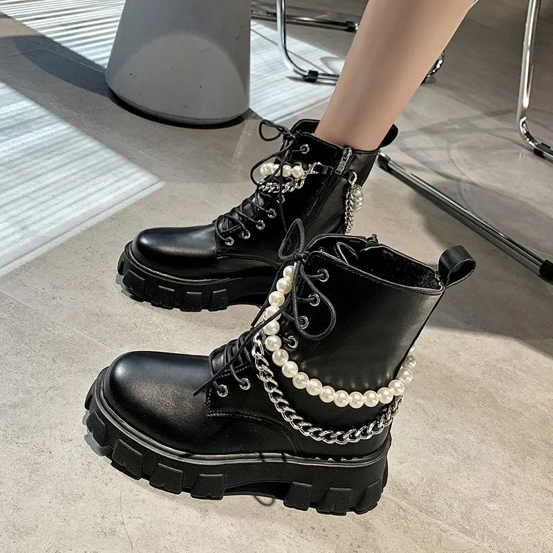 2023 New Fashion PU Leather Pearl Chain Platform Black Booties Punk British Style Casual Shoes Women's Ankle Boots Autumn