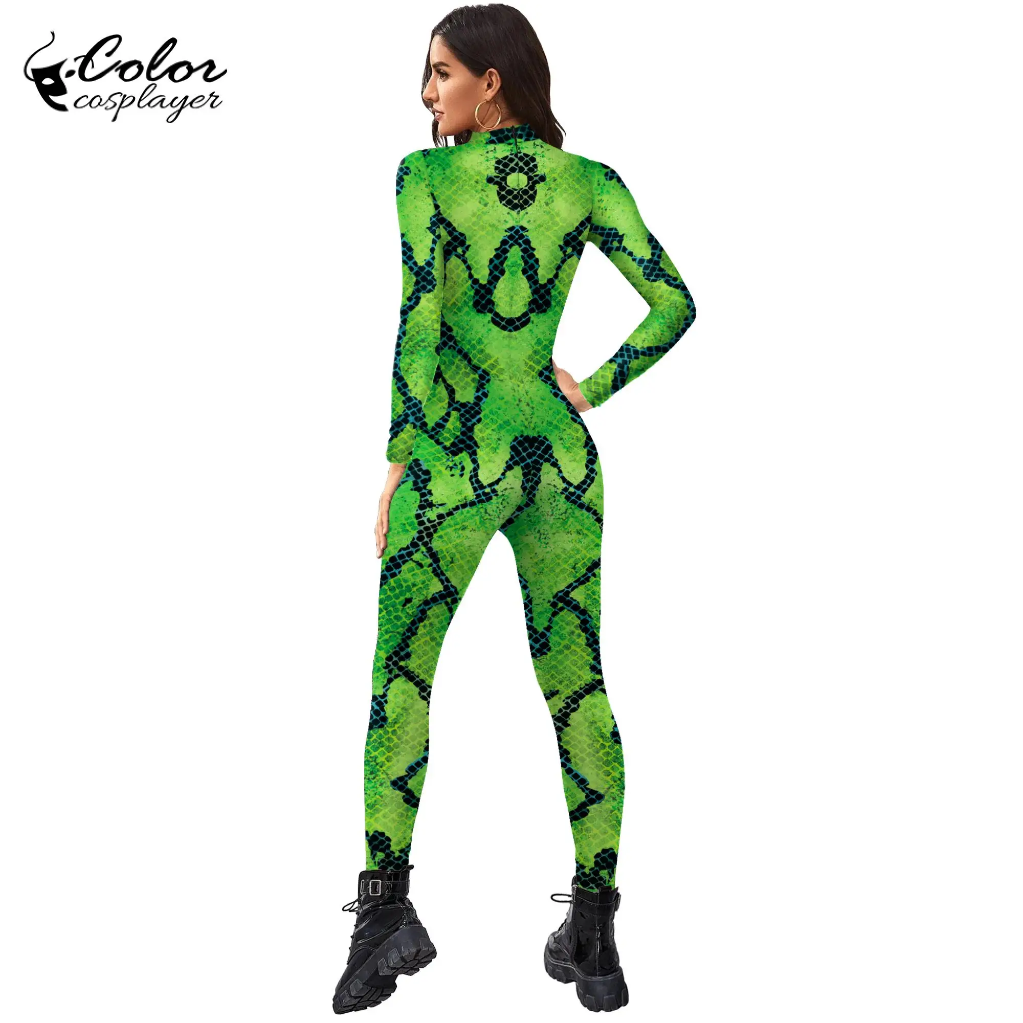 Color Cosplayer Halloween Jumpsuit Party Green Snake Cosplay Costumes Catsuit with Tail Zentai Animal Bodysuit Fitness Outfit
