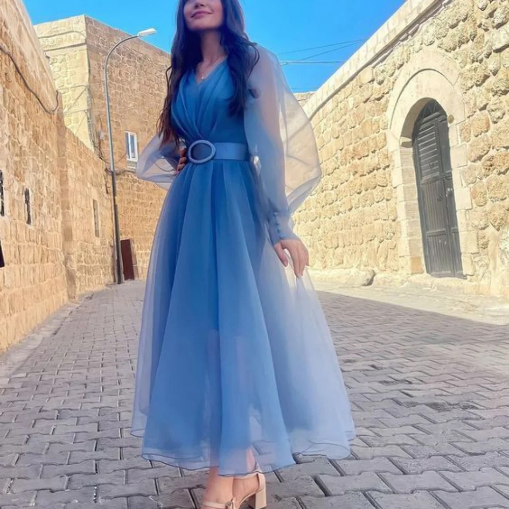 

Elegant Prom Dress For Women Long Sleeve V Neck A Line Evening Gowns Ankle Length With Belt Party Dresses فساتين السهرة