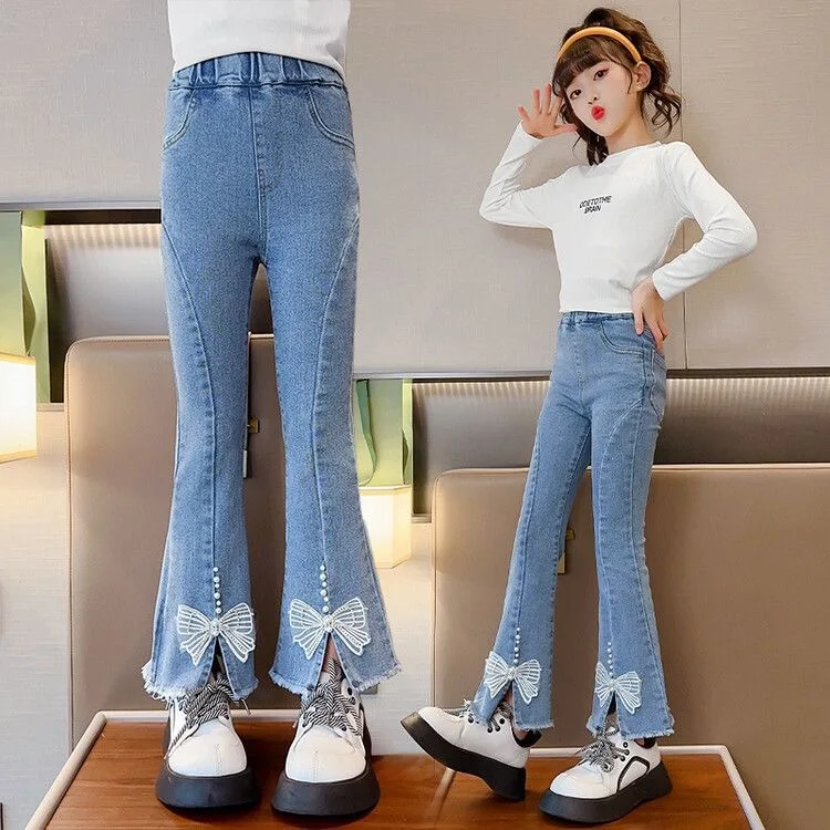 2026년 봄 여름 십대 소녀 청바지 아동 벨보텀 데님 펄 팬츠 펄 4 8 10 12 14세  바지 어린이용