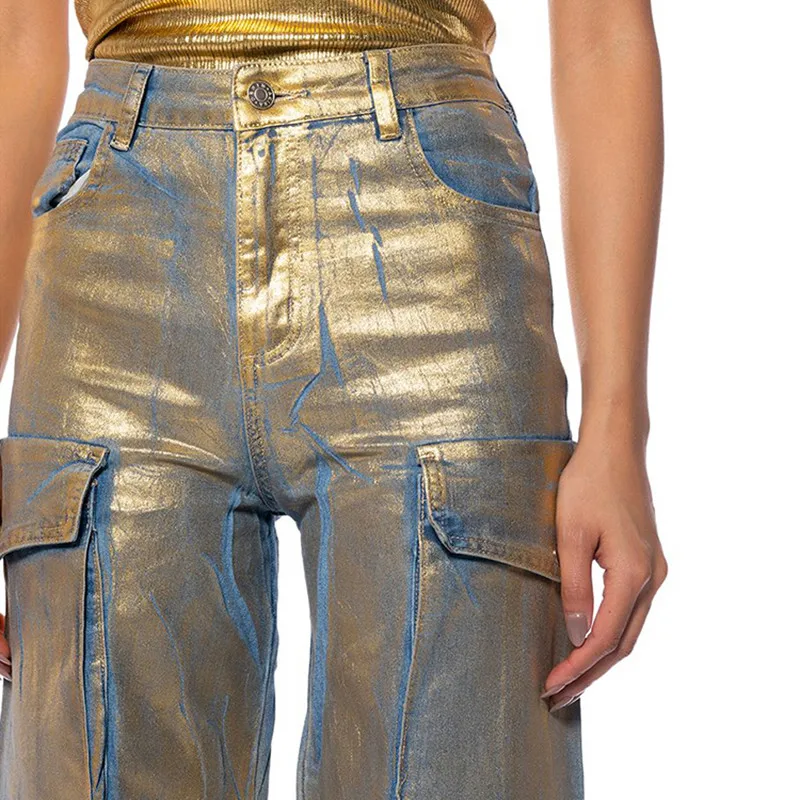 BPN Streetwear Patchwork Pockets Jeans For Women High Waist Hit Color Slimming Spliced Pockets Chic Denim Pants Female Fahsion