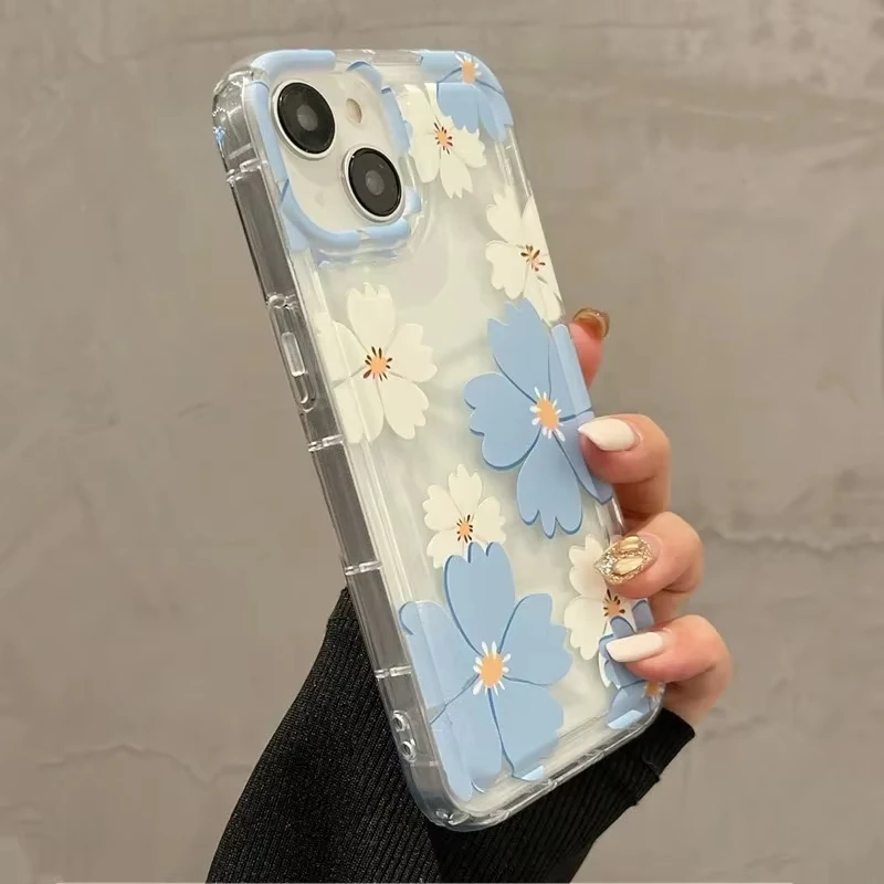 Summer Blue Large Flower Pattern Transparent Soft Phone Case