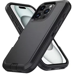Shockproof Armor Defender Phone Case with Stand - Hard PC + TPU Protective Cover - iPhone Air (Black - Black)