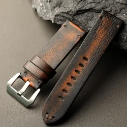 Hand - Painted Genuine Leather Strap - Italian Top Cowhide in Distressed Brown - 20mm (Silver Buckle)