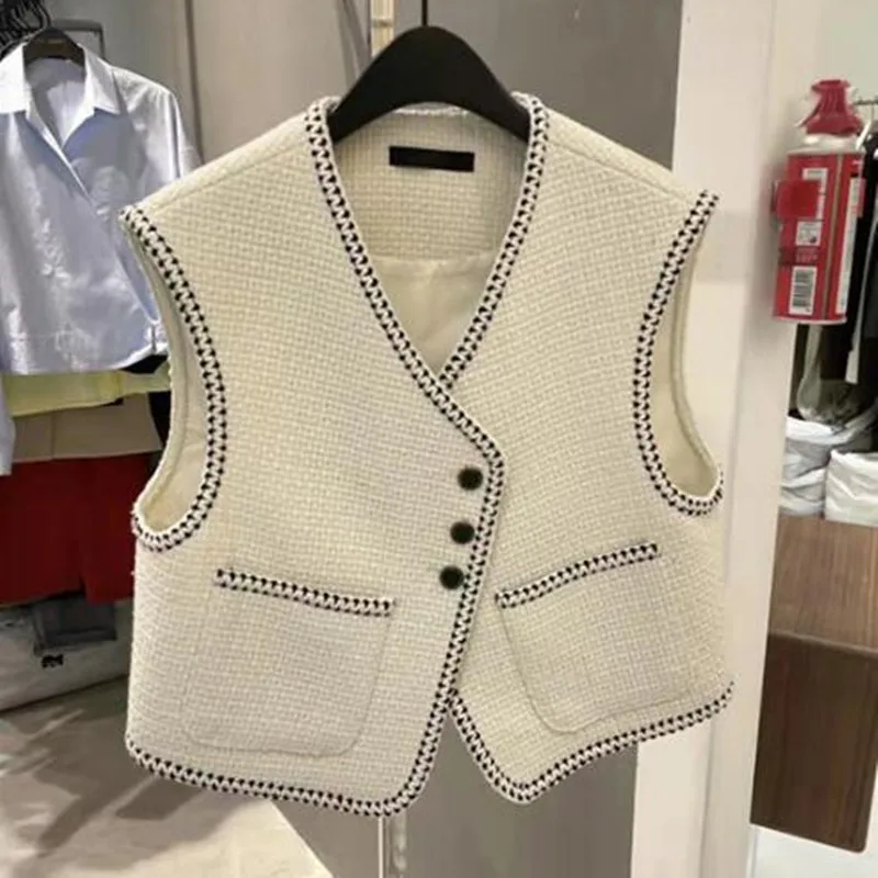 

Small Fragrant wind Double Pocket Tweed Vest Woemn 2023 New Autumn Winter Fashion V-Neck Sleeveless Basic Waistcoat Jacket q658