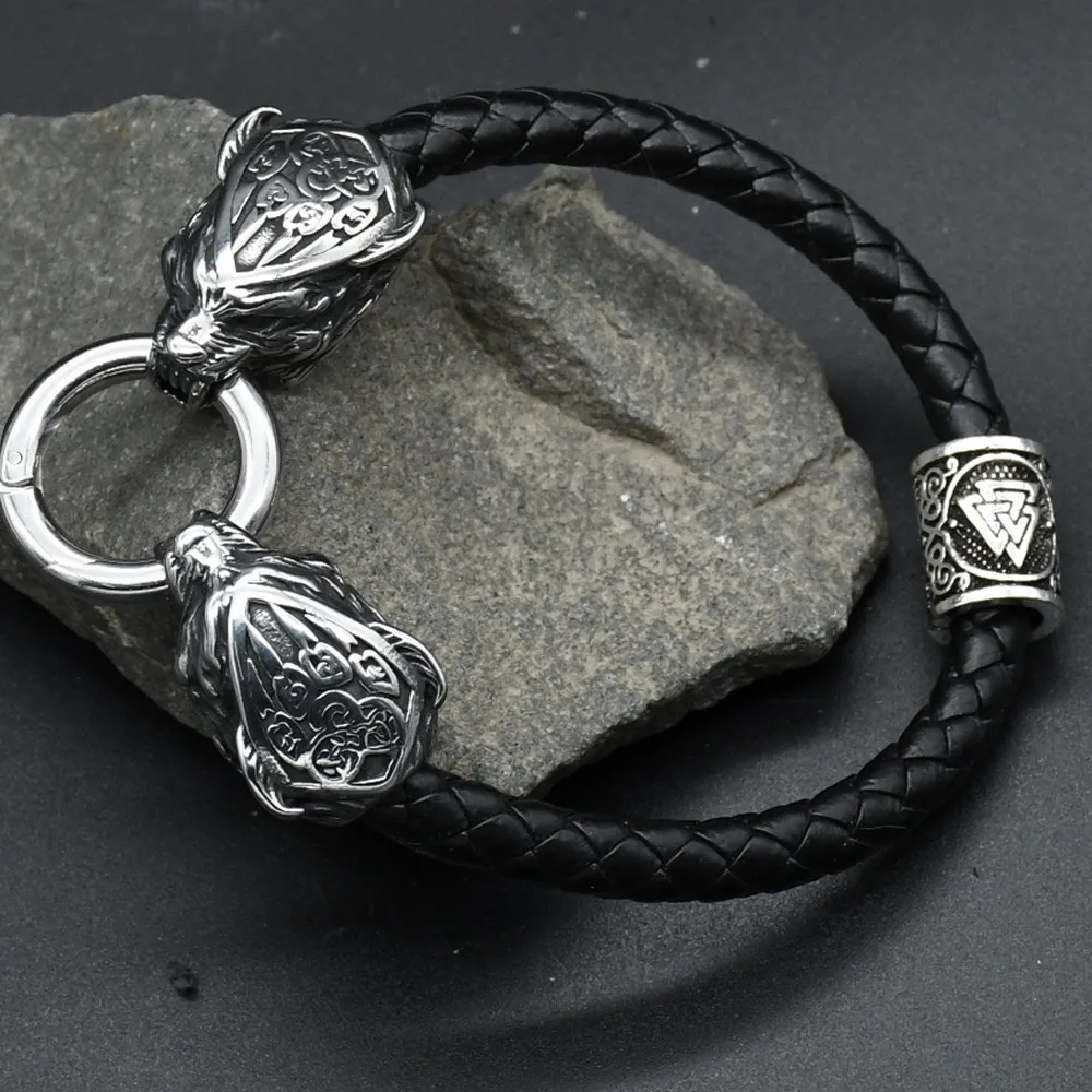 Viking Rune Valknut Bead Bracelet Men's Stainless Steel Wolf Head Bear claw Punk leather Bracelets Biker Jewelry With Gift Bag