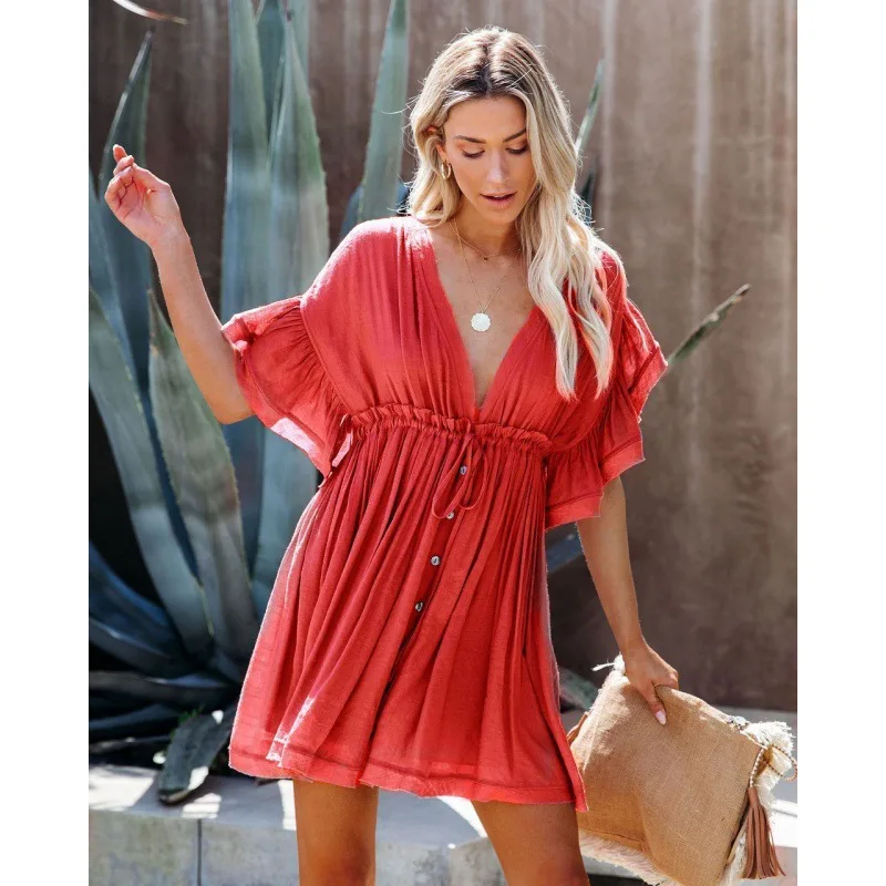 Sexy Bikini Cover-ups Deep V Neck Short White Tunic Casual Summer Beach Dress Elegant Women Clothes Beach Wear Swimsuit Cover Up