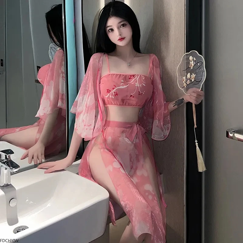 Pink Sexy Lingerie Hanfu Sleepwear Cosplay Costumes Women Chinese Classic Tradition Outfits Cute See Through Erotic Ancient Set