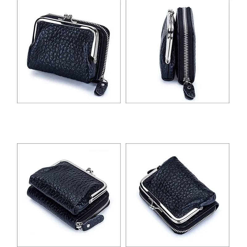 2 in 1 Change Purse Wallet Credit Card Holder with Coin Purse for Women Genuine Leather Wallet for Girl with Metal Frame Clasp