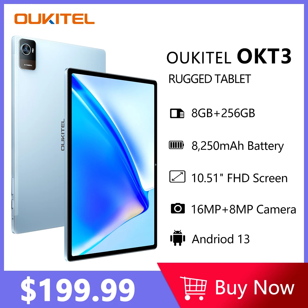 

Oukitel OKT3 4G Tablet 10.51" FHD, 8250mAh, 8GB 256GB, Android 13 Tablet, Pad, 16MP Camera Octa Core Tablets