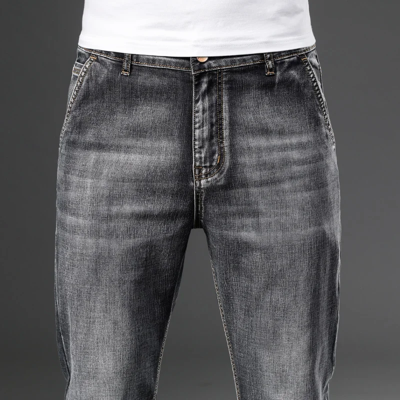 

Nice Spring Summer Pop Men's Retro Gray Regular Fit Stretch Jeans Cotton Slim Fit Casual Denim Pants Male Brand Trousers