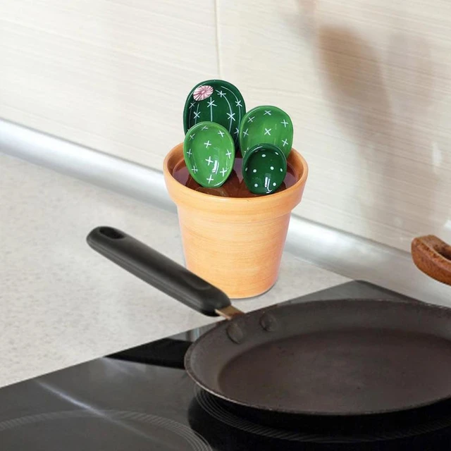  Cactus Measuring Spoons Set in Pot Ceramic Cute Measuring Cups  and Spoons Unique Baking Gifts for Dry Wet Ingredients Dishwasher Safe 1  Tbsp 1 TSP 1/2 TSP 1/4 TSP 1 Cup