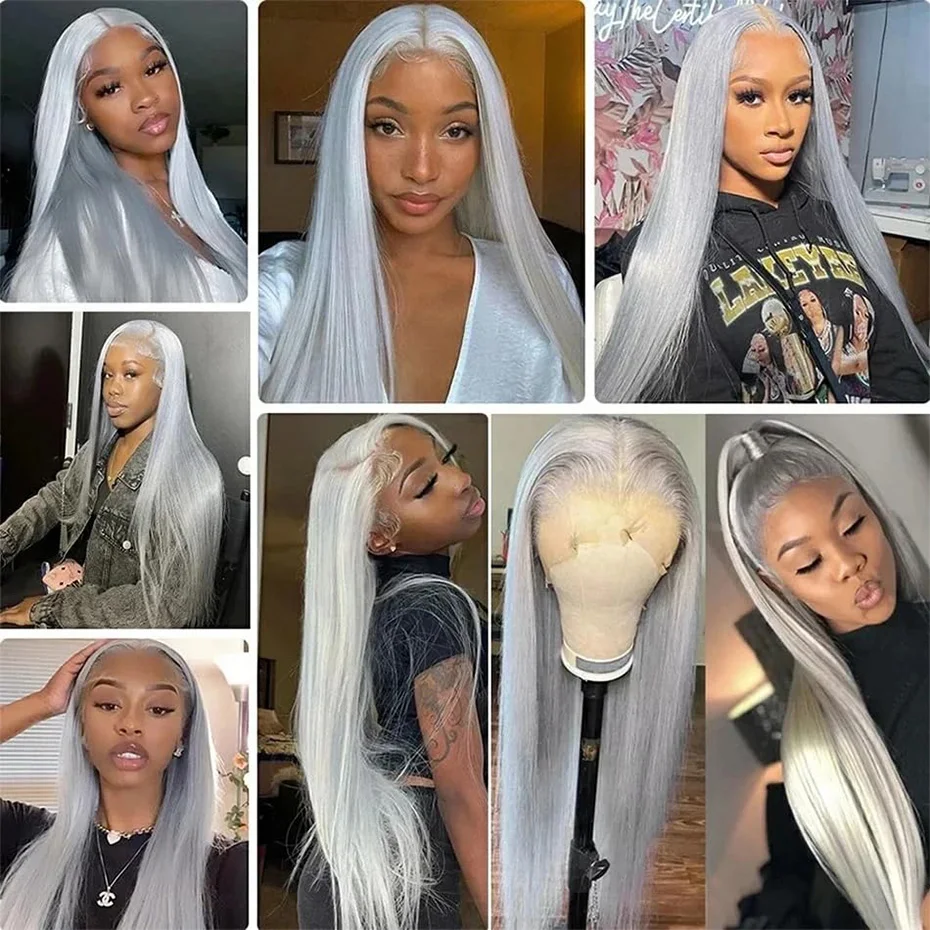 13x6 Hd Lace Human Hair Wig 30 40 Inch 180% Density Silver Gray Colored Vietnamese Bone Straight Human Hair Wigs For Black Women 5