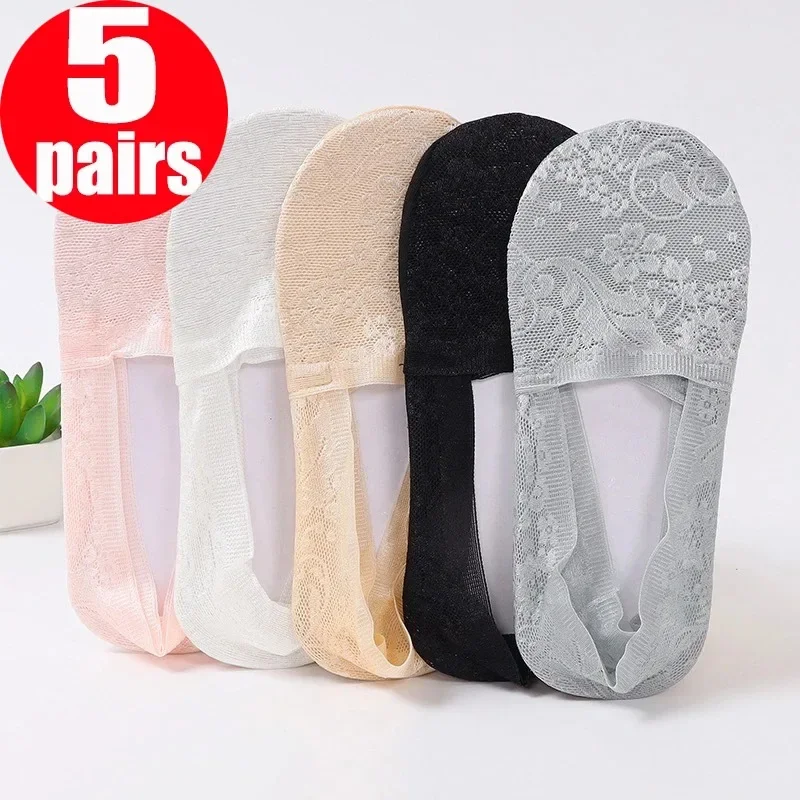 

5 Pairs/set Women Sexy Lace Floral Anklet Socks Female Basic Summer Invisible Anti Slip Sock Lady Home Floor Slipper Boat Socks