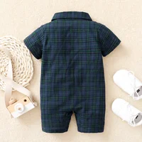 Newborn Baby Boy Jumpsuit Short Sleeves Plaid Gentleman Romper with Bow Tie Summer Fashion One Piece for Toddler 0-18Months 6