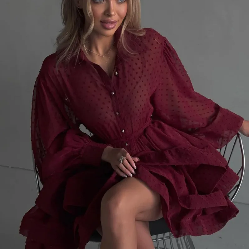 Elegante Abito da Donna Bordeaux a Pois Chic Primaverile con Maniche a Lanterna Lunghe, Volant a Strati, Stile Camicia, Mini Abito da Festa - Image 6