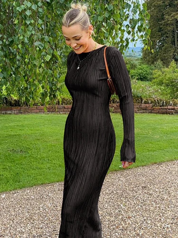 

XIZOU Elegant Bodycon Maxi Dress for Women 2024 Solid O Neck Flare Sleeves Long Summer Dresses Holiday Vestidos Black Red Orange